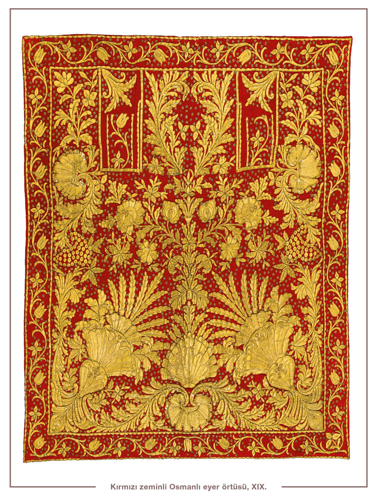 Kırmızı zeminli Osmanlı eyer örtüsü, XIX. yüzyıl.