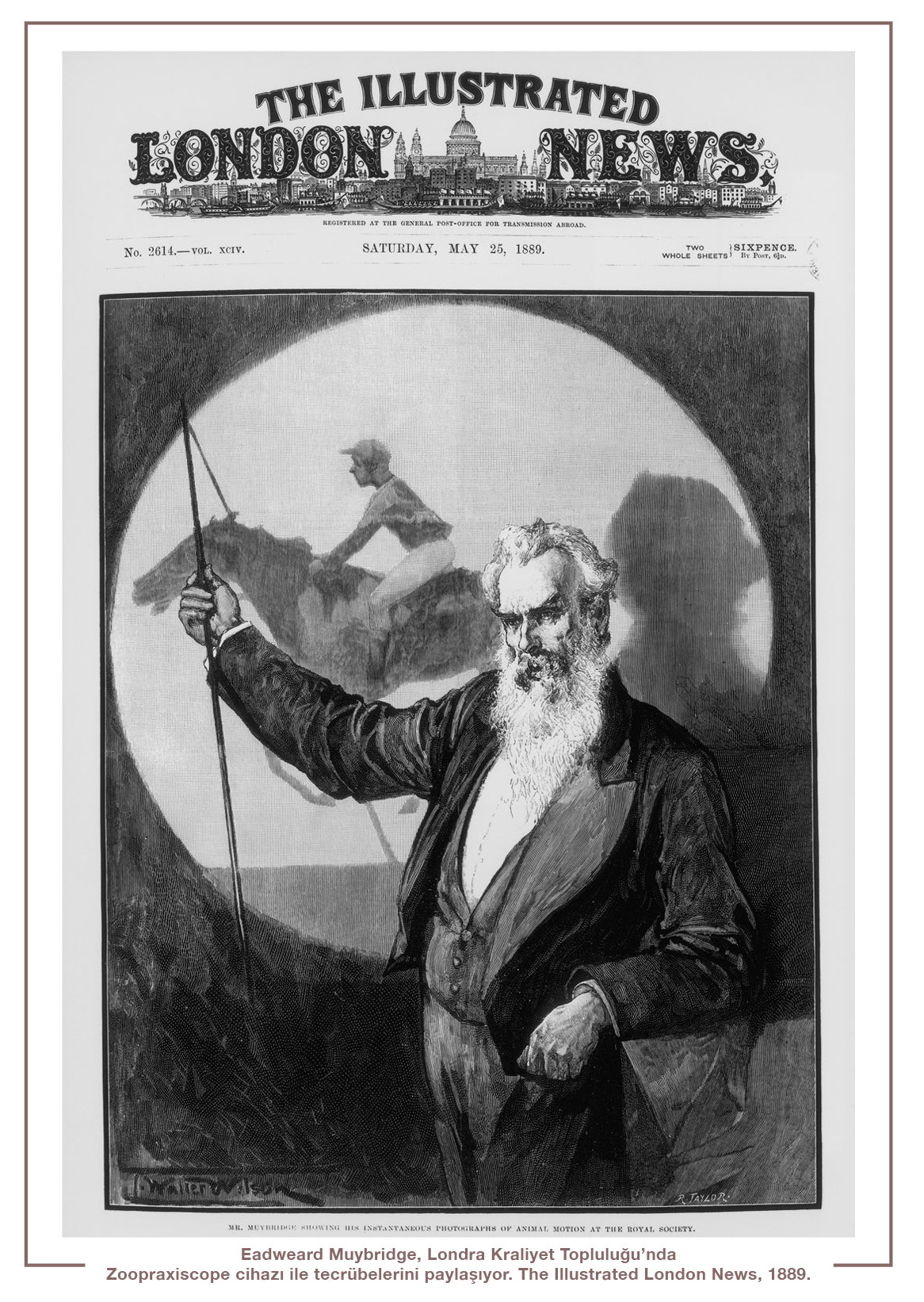  Eadweard Muybridge, Londra Kraliyet Topluluğu’nda Zoopraxiscope cihazı ile tecrübelerini paylaşıyor.  The Illustrated London News, 1889.