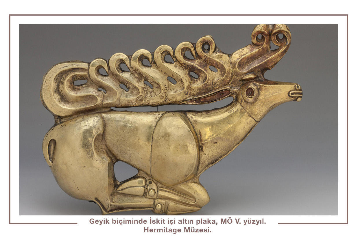 Geyik biçiminde İskit işi altın plaka, MÖ V. yüzyıl. Hermitage Müzesi.