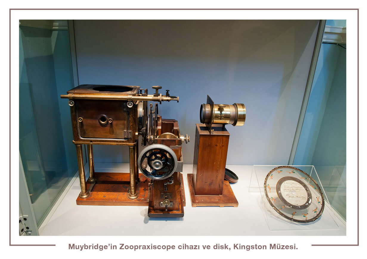 Muybridge’in Zoopraxiscope cihazı ve disk, Kingston Müzesi.